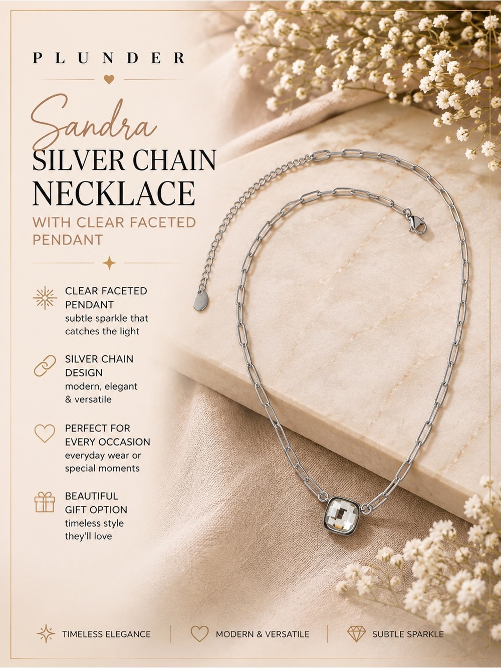 PLUNDER Sandra Silver Chain Necklace with Clear Faceted Pendant